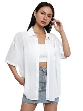 SHEIN EZwear White Collared Half Sleeve Button Down Shirt Size Small Blouse
